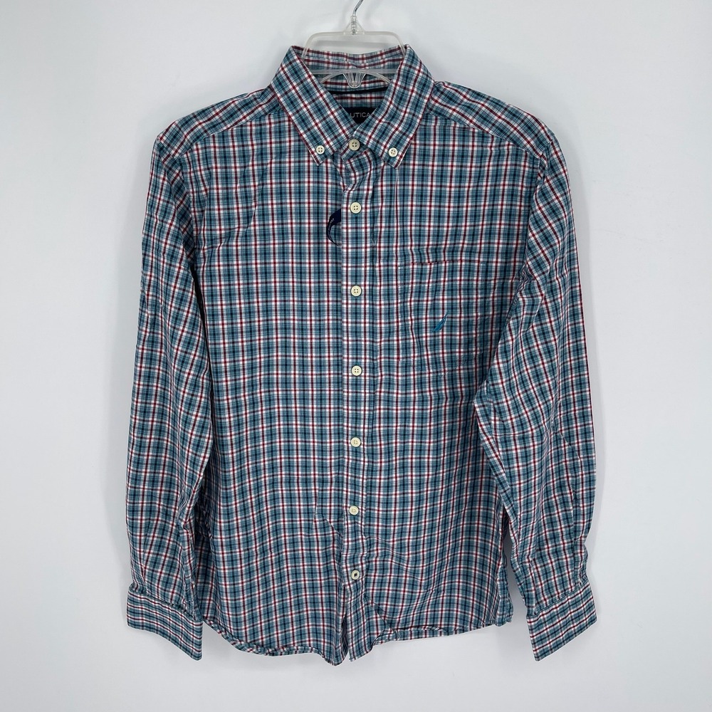 Nautica‎ Men's Blue Red Plaid Wrinkle Resistant Button Down Shirt Size Small